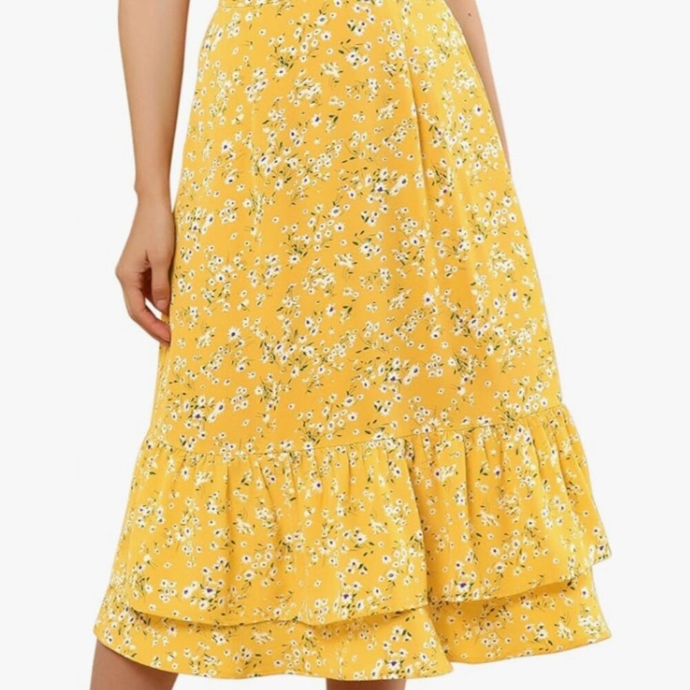 Allegra K Midi Ruffle Floral Skirt